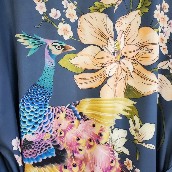 New Gypsy Floral Print Peacock Kimono Maxi Duster Jacket Robe Dusty Blue - Picture 4 of 13